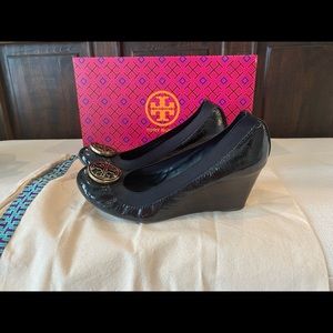 Tory Burch Black Closed Toe Leather Wedges